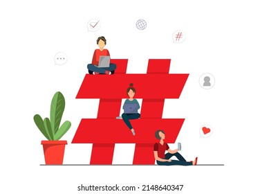 People using big hashtag and different symbols in social media, sending post and sharing in Internet, social media concept, flat vector illustration