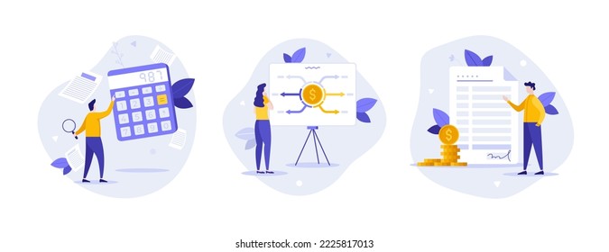 People using calculator, looking at chart on whiteboard, demonstrating signed contract. Concept of calculating money spending, budget planning, financial deal. Flat vector illustration for poster.