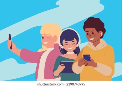 people using cellphone devices cartoon