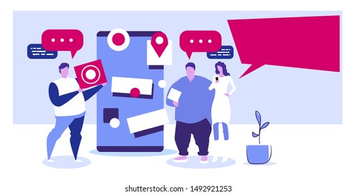 people using cellphone online application navigation communication concept men woman with chat bubbles speech and location geo tags discussing near smartphone screen sketch horizontal full length
