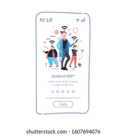 people using cellphones social network 5g wireless system connection communication concept full length smartphone screen online mobile app copy space vector illustration