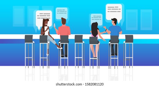 people using chatting app menwomen sitting at counter desk social network speech chat bubble communication concept rear view visitors relaxing modern cafe interior horizontal full length vector