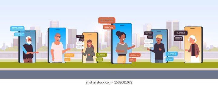 people using chatting app social network chat bubble communication concept mix race men women messaging in smartphone screens online mobile application cityscape background portrait horizontal vector