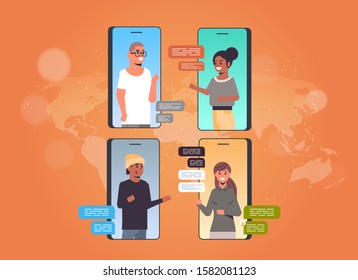 Personas que utilizan el chat App de la red social Chat Burbuja Comunicación Concepto Mezcla Raza Hombres Mujeres Mensajería en pantallas de teléfonos inteligentes Aplicación móvil en línea Retrato Ilustración vectorial