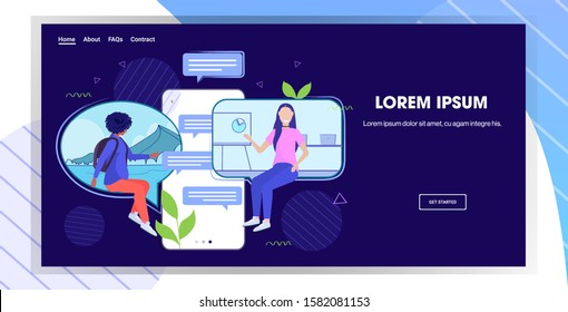 people using chatting app social network communication concept mix race women in chat bubbles smartphone screen online mobile messaging application horizontal copy space vector illustration