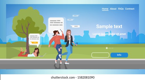 people using chatting apps on digital devices social network speech chat bubble communication concept women relaxing in park horizontal full length copy space vector illustration
