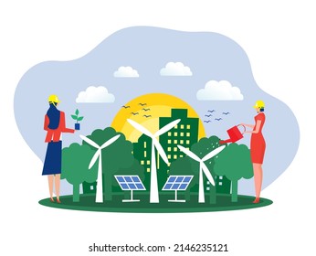 people using clean energy or ESG  nature protection, nature saving conceptconcept of environmental ,plant trees to produce air making the world's environment better.