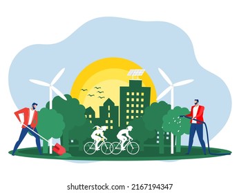 people using clean energy or ESG  nature protection, nature saving conceptconcept of environmental ,plant trees to produce air making the world's environment better.