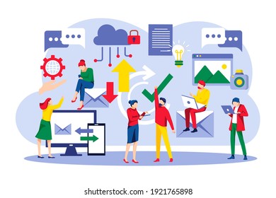 People using cloud system wireless technology. Tiny persons uploading and sharing files, multimedia, documents and music. Global server database hosting service flat vector illustration