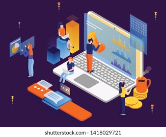 People using computer and communication electronic devices interface systems for data analysis information sharing exchange vector illustration  