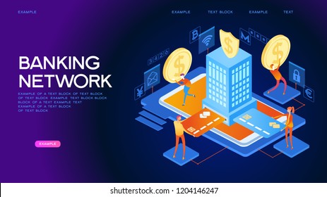 People using computer for online banking and accounting. Mobile banking. Web concept for online banking. Page template. 3d isometric illustration