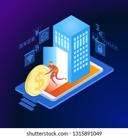 Personas que usan computadoras para banca y contabilidad en línea. Banca móvil. Concepto web para banca en línea. Plantilla de página. 3.ª ilustración isométrica