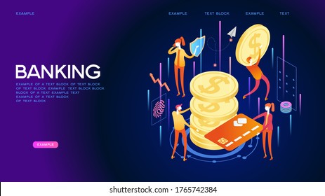 People using computer for online banking and accounting. Mobile banking. Web concept for online banking. Page template. 3d isometric illustration