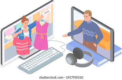 People using computer and smartphone to choose dress on website, online shopping on internet sale in mobile shop application, e-commerce. Web store marketing concept. new fashion technologies