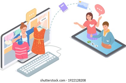 People using computer and smartphone to choose dress on website, online shopping on internet sale in mobile shop application, e-commerce. Web store marketing concept. new fashion technologies