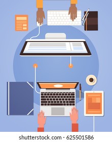 People Using Computers Businesspeople Hand Workplace Desk Top Angle View Laptop Desktop Teamwork Flat Vector Illustration