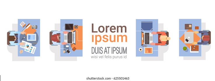 People Using Computers Businesspeople Workplace Desk Top Angle View Laptop Desktop Teamwork Flat Vector Illustration