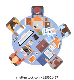 People Using Computers Businesspeople Workplace Desk Top Angle View Teamwork Flat Vector Illustration