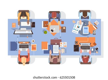 People Using Computers Businesspeople Workplace Desk Top Angle View Teamwork Flat Vector Illustration