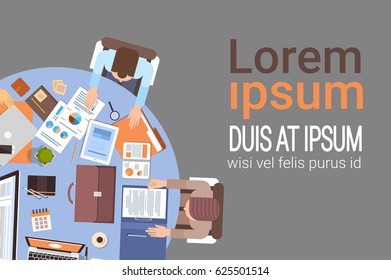 People Using Computers Businesspeople Workplace Desk Top Angle View Teamwork Flat Vector Illustration