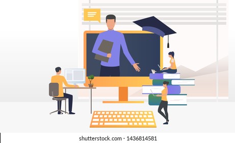 People using computers and studying at online school. Service, literature, study concept. Vector illustration can be used for topics like knowledge, education, online school