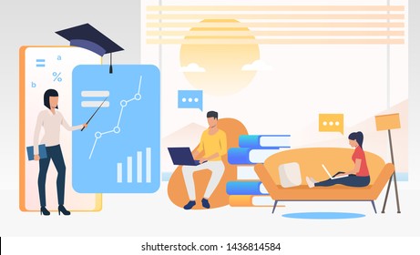 People using computers and studying at online school at home. Service, literature, study concept. Vector illustration can be used for topics like knowledge, education, online school