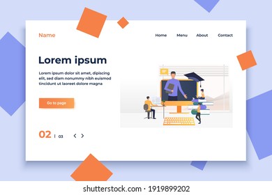 People using computers and studying at online school. Service, literature, study concept. Vector illustration can be used for topics like knowledge, education, online school