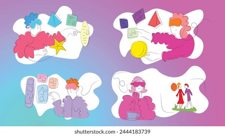 People are using, computers, tablets and smartwatches in their daily routines. sharing their experience. Working together, solving problems. Hand-drawn colourful illustrations.	