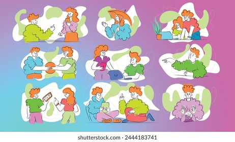 People are using, computers, tablets and smartwatches in their daily routines. sharing their experience. Working together, solving problems. Hand-drawn colourful illustrations.	