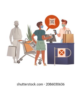 People using contactless mobile payment system, scanning qr code at supermarket. Digital banking service cartoon vector illustration
