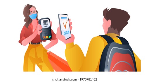 people using contactless NFC payment app on smartphone horizontal portrait
