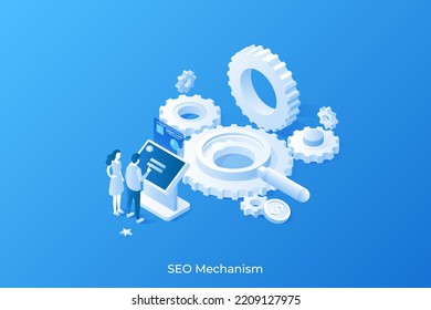 People using control panel and giant gear wheels and magnifying glass. Concept of SEO mechanism, search engine optimization, online marketing strategy. Modern isometric vector illustration for poster.