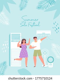 People using cool air conditioners and fans in the hot summer. Summer appliances shopping illustration.