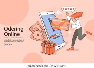 People using a credit card to shop on a computer. people use online shopping services. Smartphone marketing and e-commerce. delivery service concept. money online. Vector outline illustration.