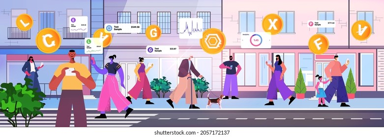 people using cryptocurrency mining app on gadgets virtual money transfer application banking transaction digital currency