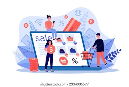 People using cryptocurrency shopping online vector illustration. Drawing of tiny man and women using digital currency as payment for accessories. Ecommerce, cryptocurrency, marketing, sale concept