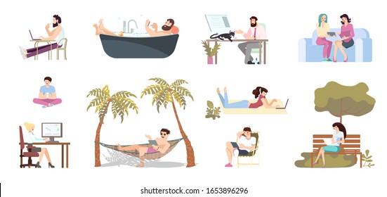 People using device at home, buthtube, sea resort, in parck or caffe. Male and female freelancers at presentation, programmer with laptop, web designer or student. Flat Art Vector Illustration