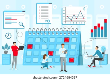 People using devices to collaborate on project planning. They reviewing schedules, data, and charts during working hours