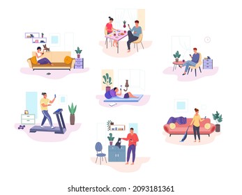 People using devices at home. Woman with cell phone or laptop indoor room in couch, couple having breakfast scrolling news on smartphones digital addiction vector. Illustration of internet at home