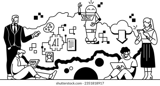 people using devices as laptop, phones and tablets over a country in a boackground. Robot, artifical intelligence, cloud and pixels. Black and white vector