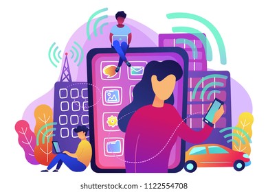 People using different electronic devices such as smartphone, laptop, tablet. Radio fields, electromagnetic pollution, radiation concept, violet palette. Vector illustration on white background.