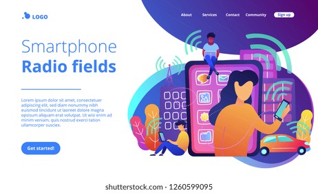 People using different electronic devices such as smartphone, laptop, tablet. Radio fields, electromagnetic pollution, radiation concept, violet palette. Vector illustration on white background.