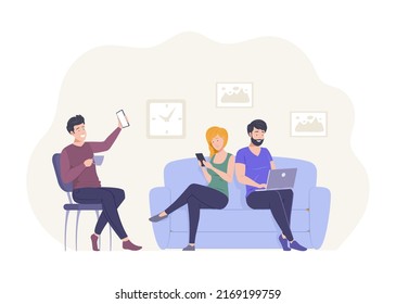 People using different gadgets for browsing or chatting. Men and woman sitting together using digital devices for communication, work. Coworking space, people freelancers working together flat vector