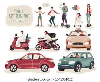 People using different kinds of transport, set of cartoon characters, vector illustration. Teenager riding skateboard and roller skaters, adult men and women driving car and bike. Modern transport set