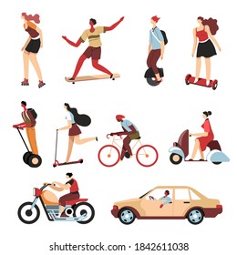 People using different means of transport in city, isolated characters on hoverboard and gyro scooter. Moped and car, bicycle and motorbike, automobile transportation in town vector in flat style