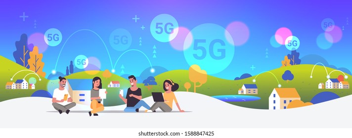people using digital devices 5G online wireless system connection internet communication concept men women sitting outdoor countryside background full length horizontal vector illustration