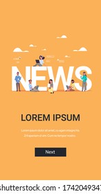 people using digital devices men women reading daily news communication mass media press concept vertical full length copy space vector illustration
