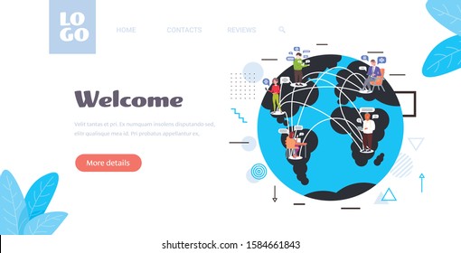 people using digital devices social network chat bubble global communication concept mix race men women on world map globe messaging full length horizontal copy space vector illustration