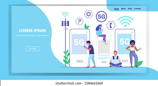 people using digital gadgets 5G online wireless system connection fifth innovative generation of internet full length horizontal smartphone screen copy space vector illustration