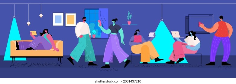 people using digital gadgets social media network online communication concept office interior